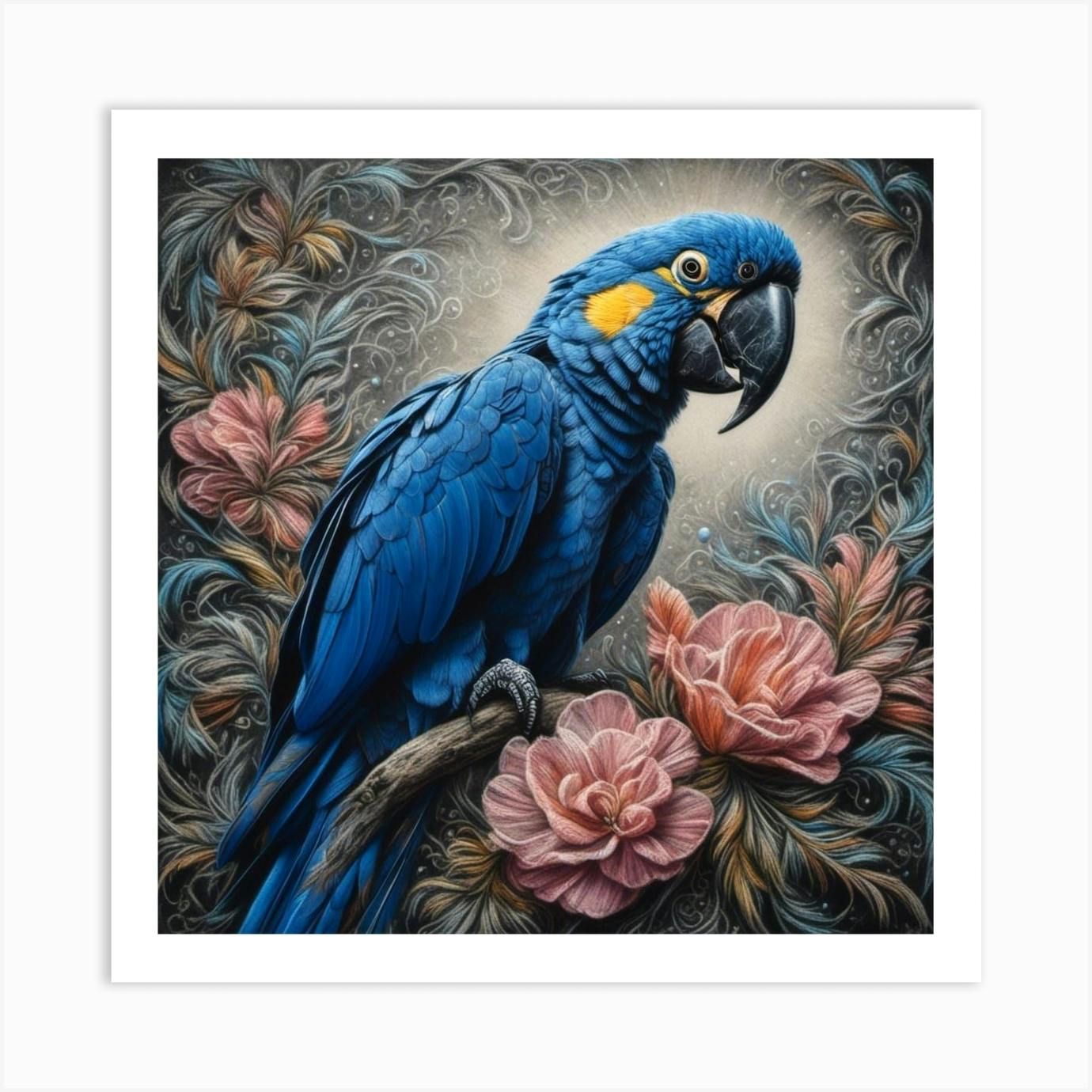 Blue parrot art, Parrot print, Blue bird print, Tropical bird art, Tropical decor, online Framed print, Large canvas art, Blue parrot on swing