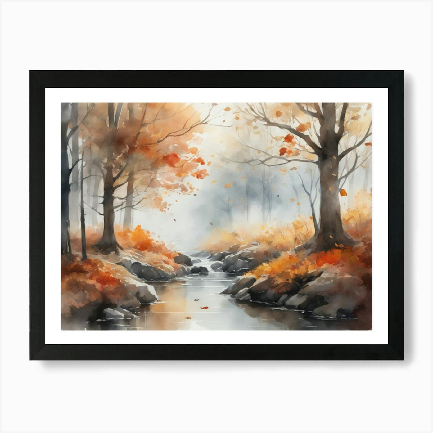 Autumn Tree Art - Cottonwoods stand on river - Golden Orange Fall colors hot River art - Giclee Watercolor fine art giclee print 11x14