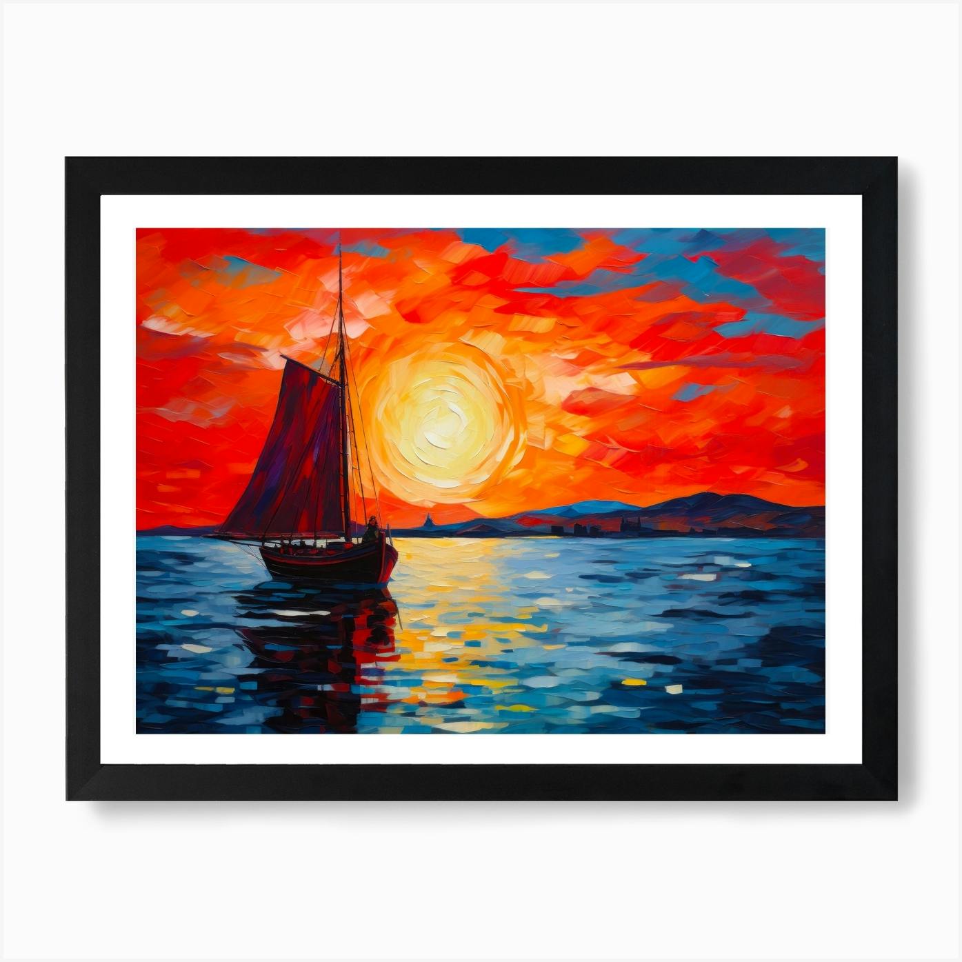 Vintage art painting of night sunset south seas watercolor of two fishing sail boats at hotsell sun set birds