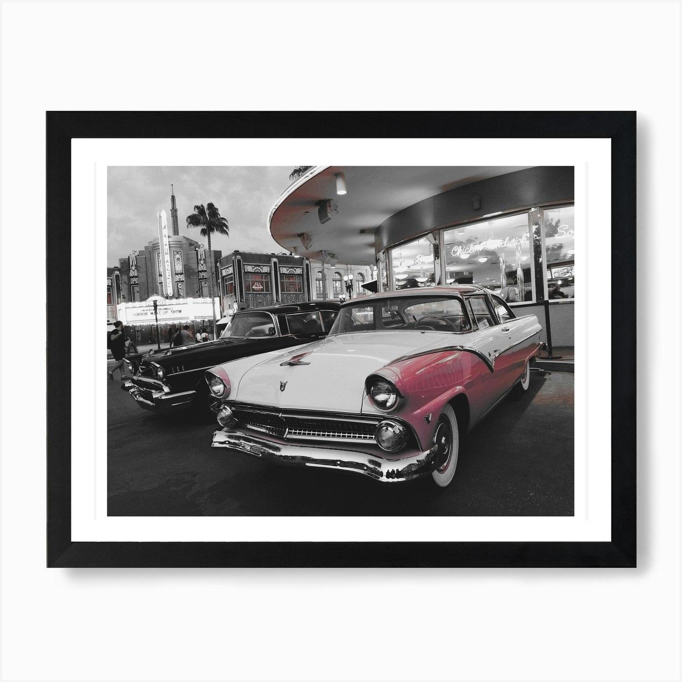 Vintage America Pink Car at Diner Art Print by Pixy Paper - Fy