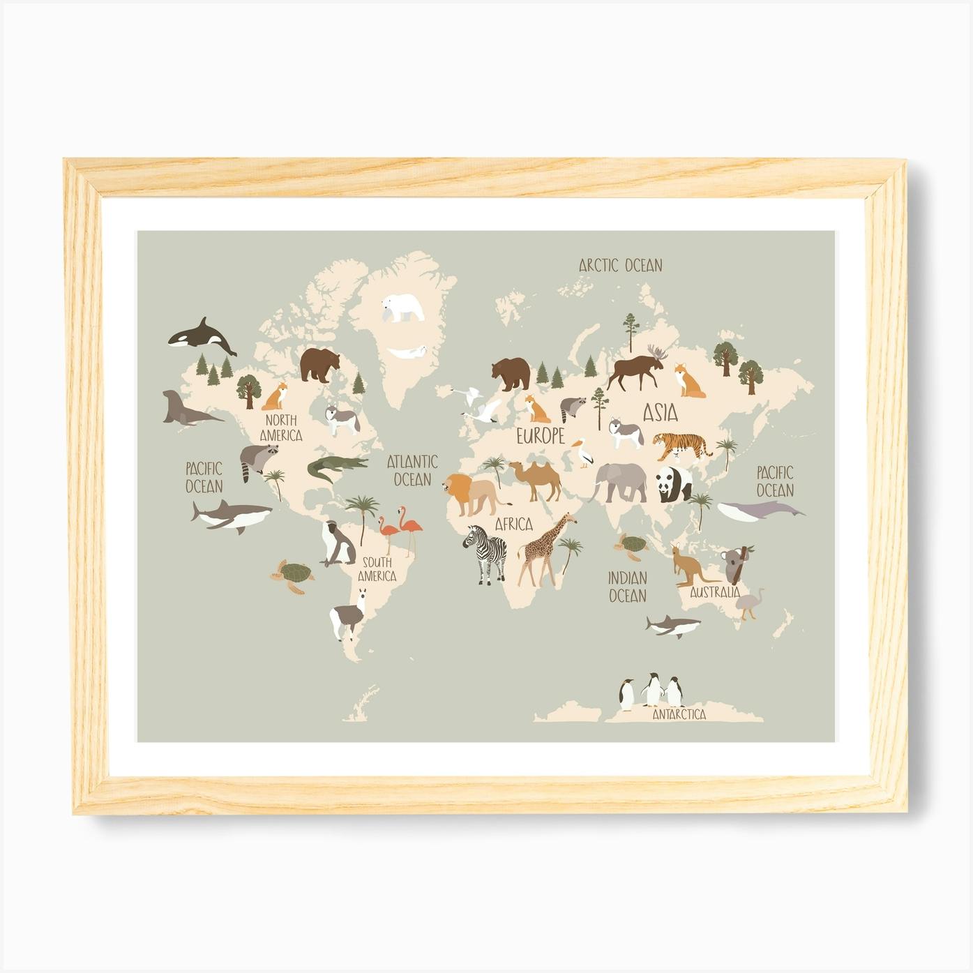 Modern World Map With Animals In Green Art Print By Piccalilli Prints Fy   676e254b Aafe 4929 B685 E9381294230d 