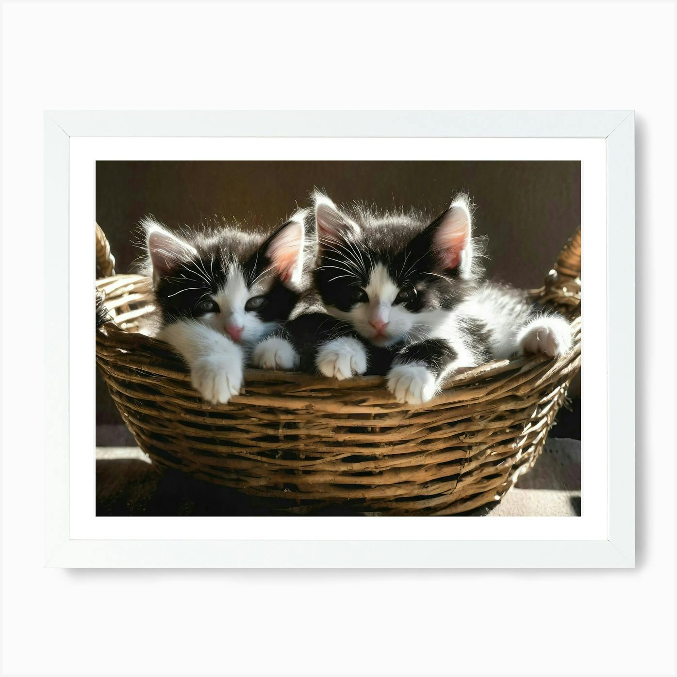 2024 Framed Cute Little Kittens in a Wicker Basket, Oil Painting Print on Canvas, Vintage Cat and Kitten in Landscape Print, Giclée Wall Art