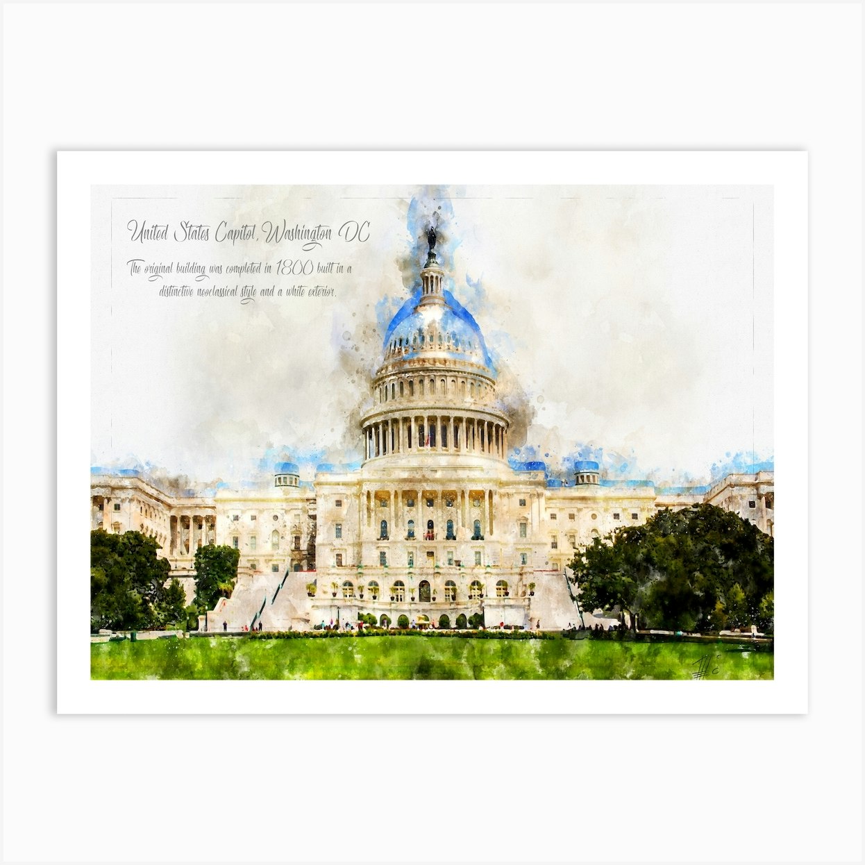 Capitol, Washington DC, Watercolor Art Print by Theo's Picture Factory - Fy