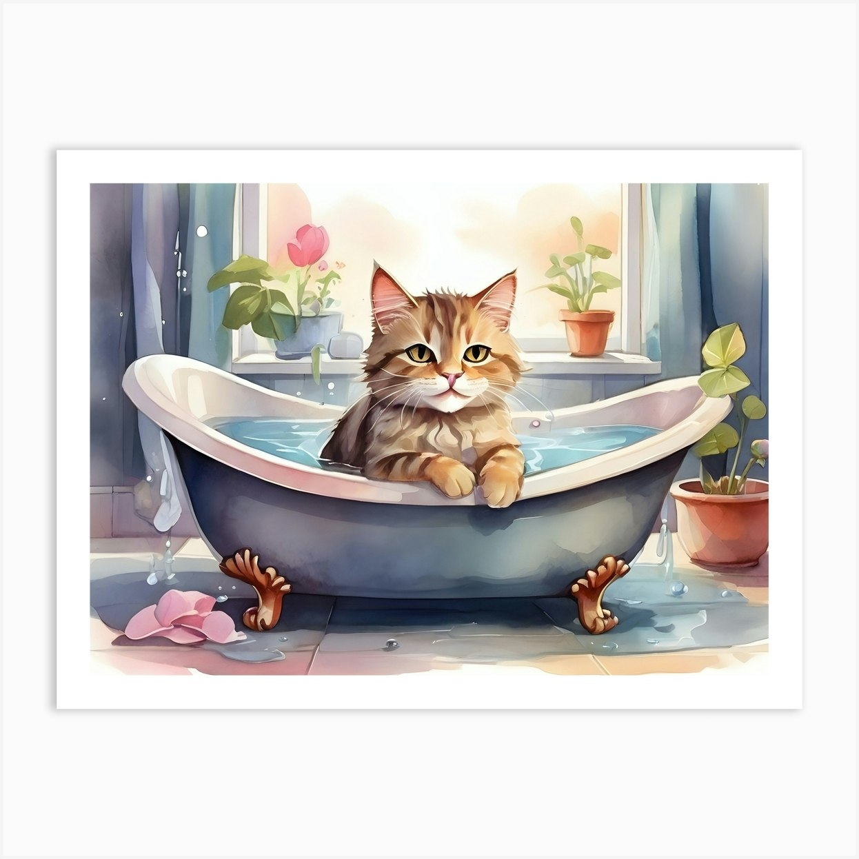 Cute Cat In The Bath Watercolor Art Art Print by AngelsArt - Fy