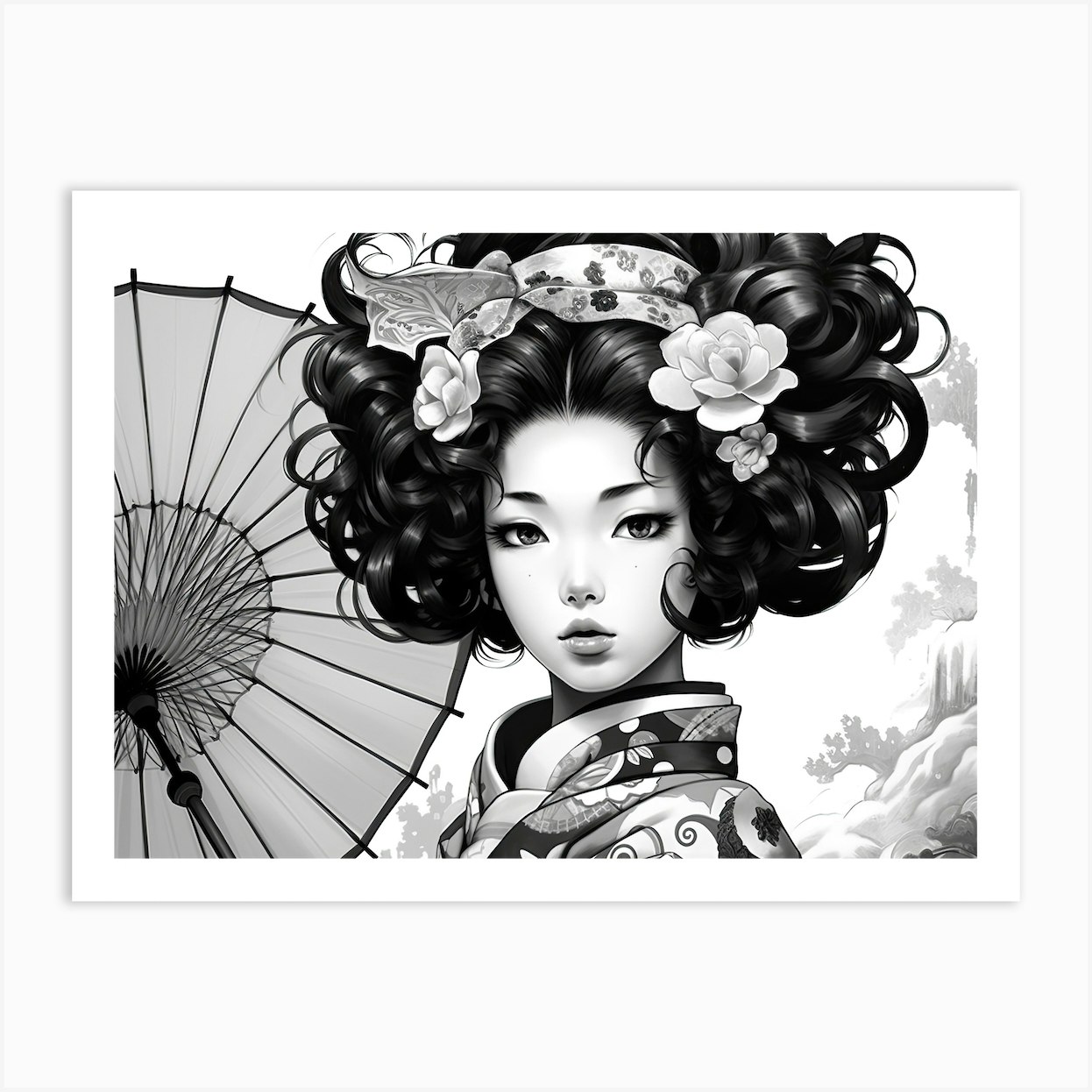 Anime Style Geisha Black And White 2 Art Print by Blade and Brush Fy