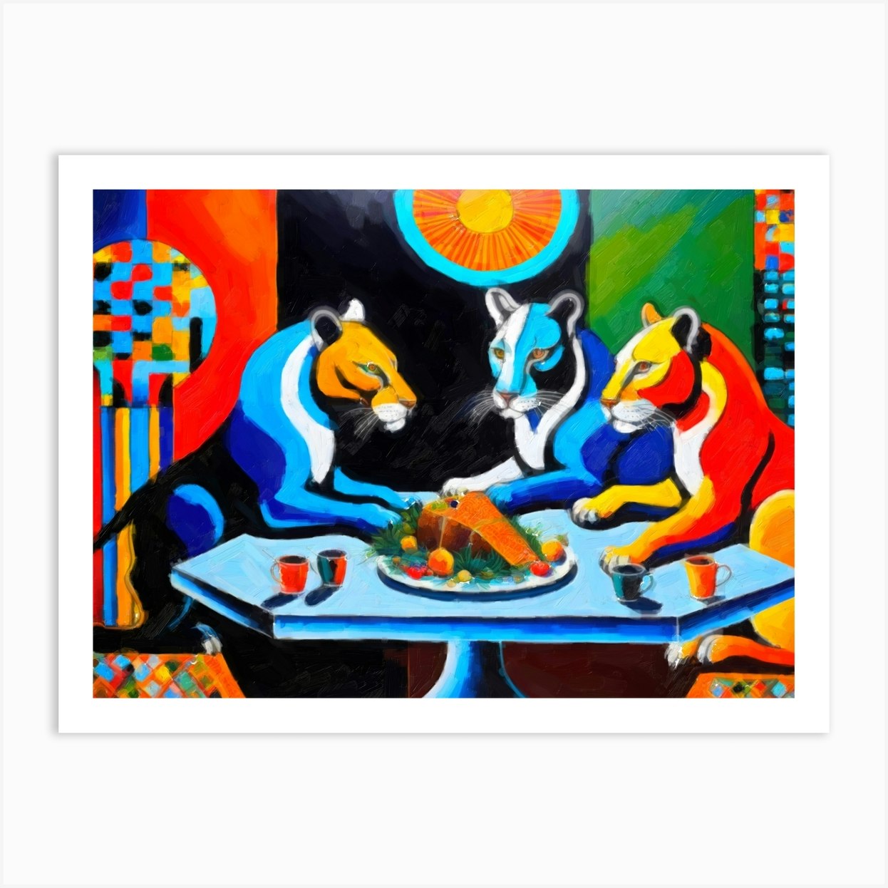 Ai Oil Painting Lions Eating At A Dining Table With Meat On A Plate 022