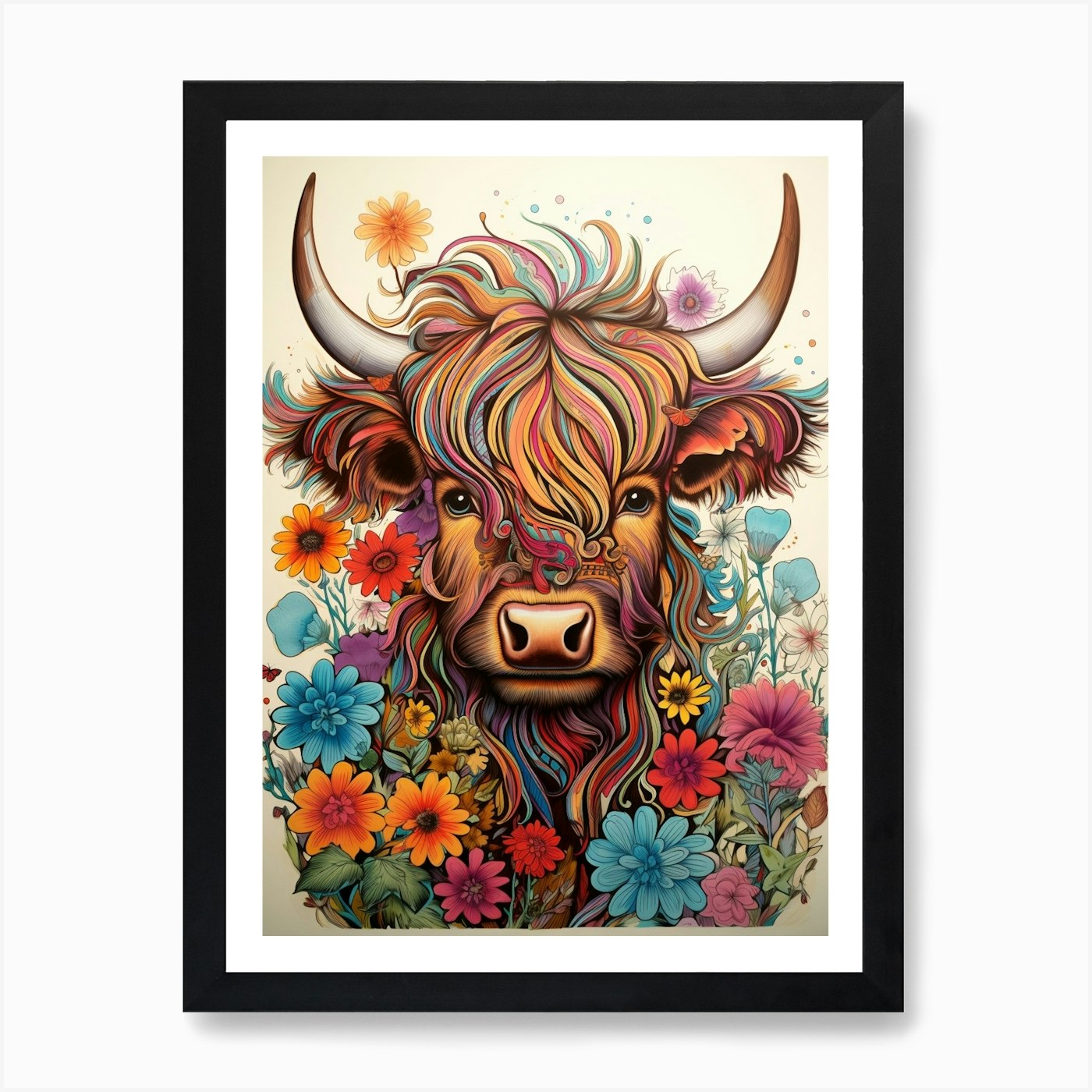 Colourful Floral Illustration Of A Highland Cow Art Print by Exploring ...