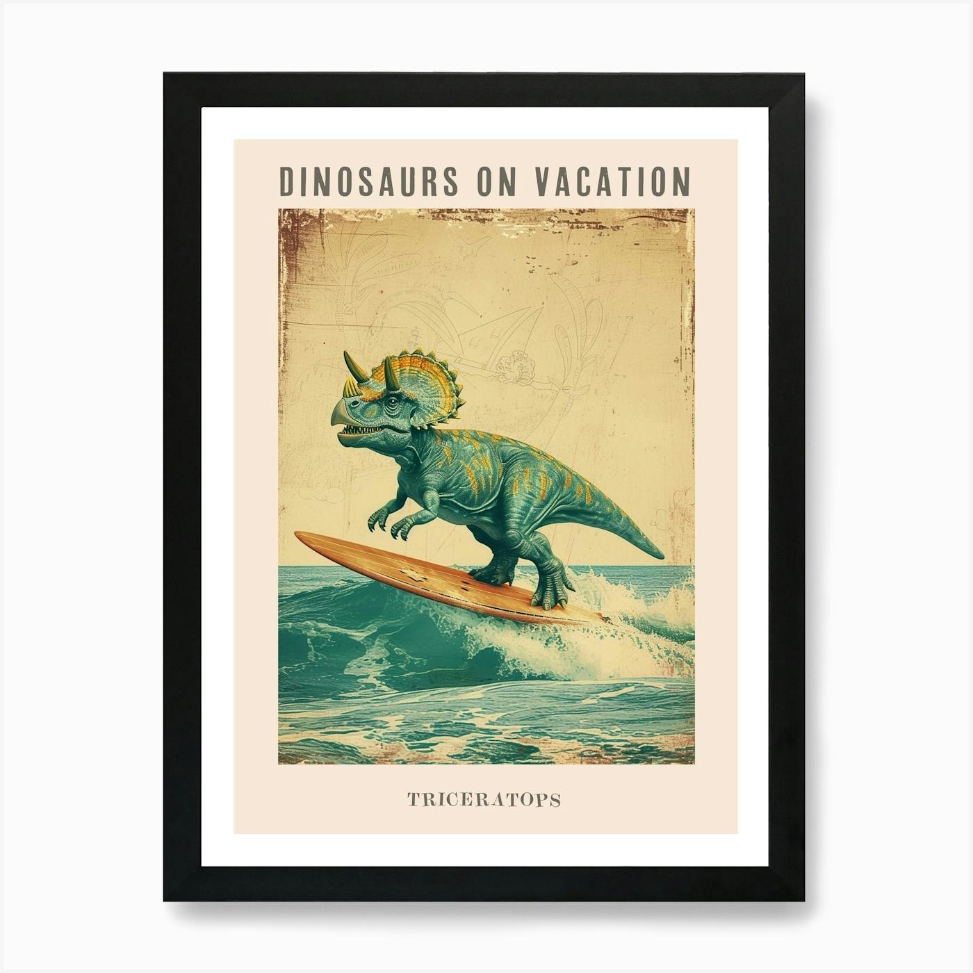 Vintage Ankylosaurus Dinosaur On A Surf Board Art Print by