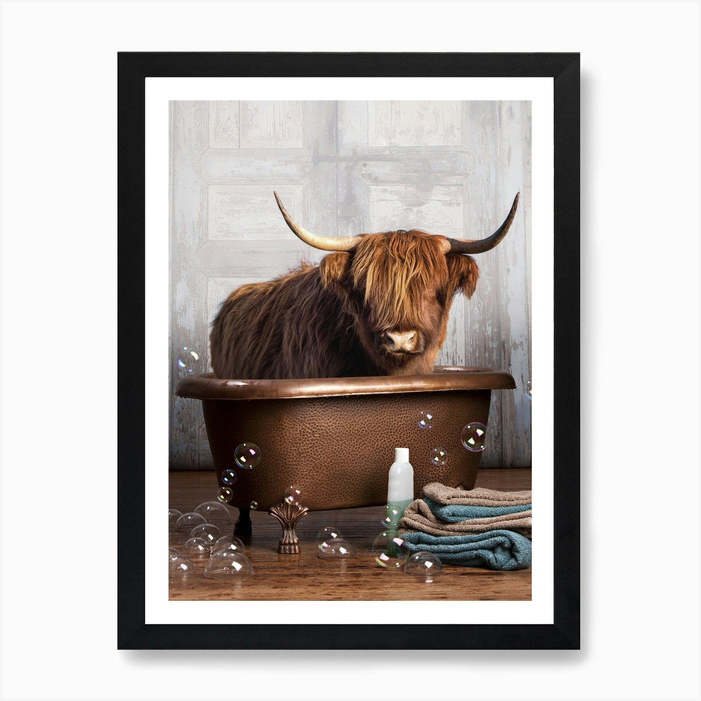 Highland Cow In A Bathtub Art Print by DomoINK Fy