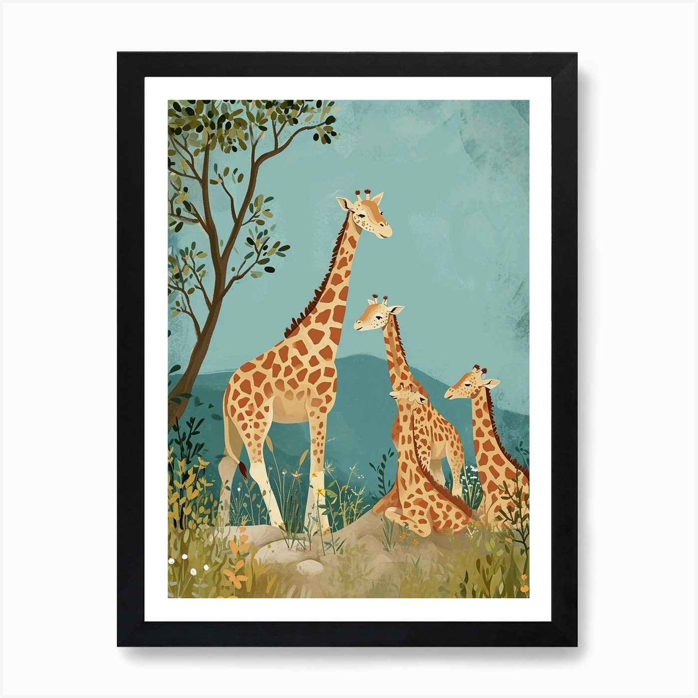 Herd Of Giraffes Resting Under The Tree Modern Illiustration 5 Art ...