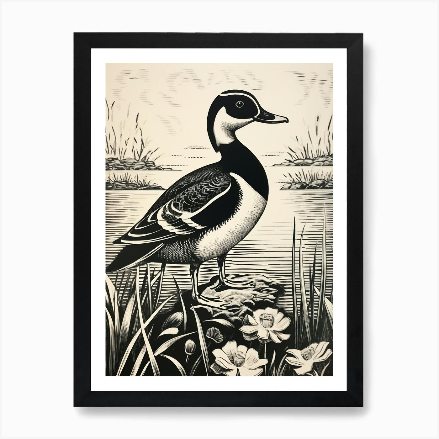 B&W Bird Linocut Wood Duck 3 Art Print