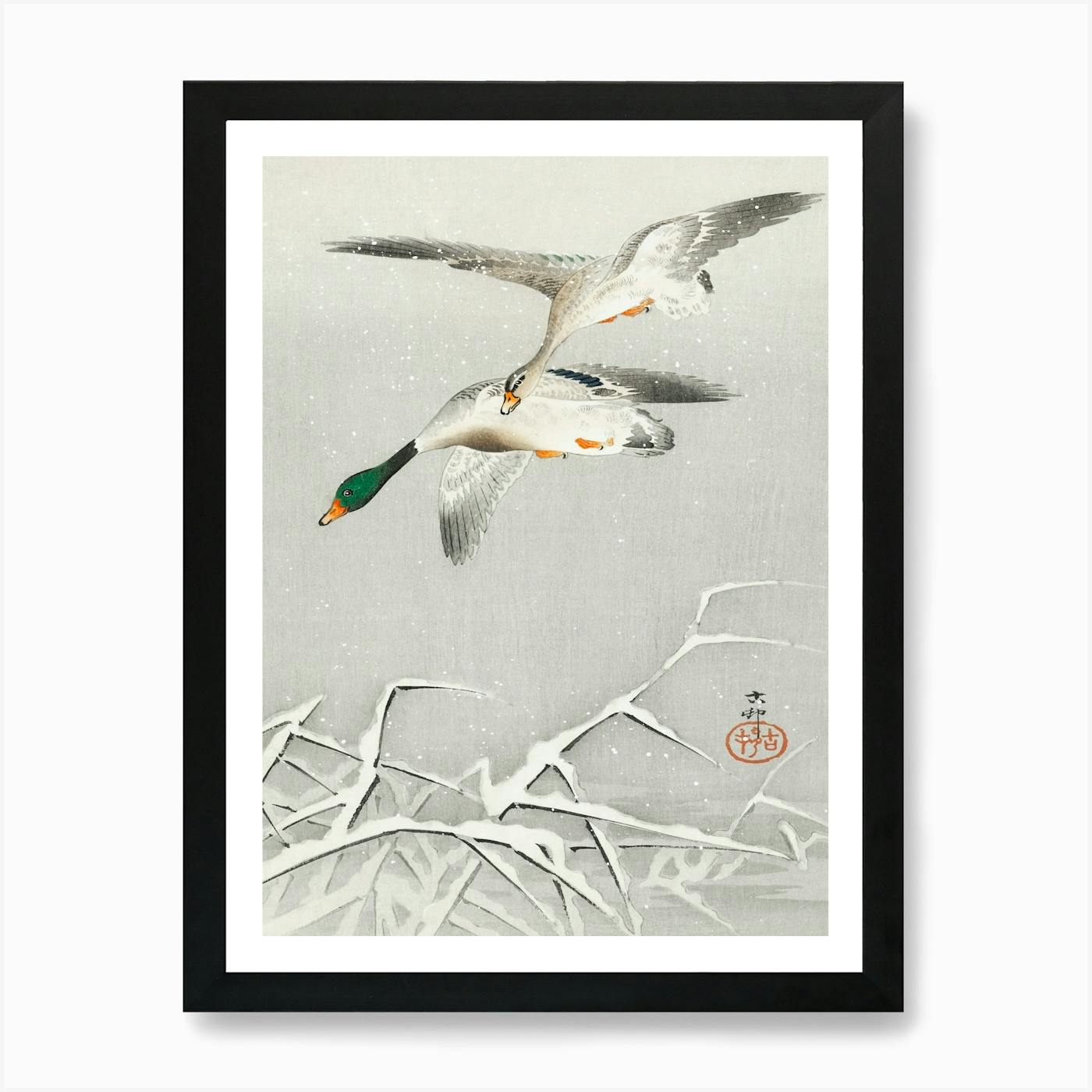 Ducks Flying Over Snow retailer Covered Reeds by Ohara Koson