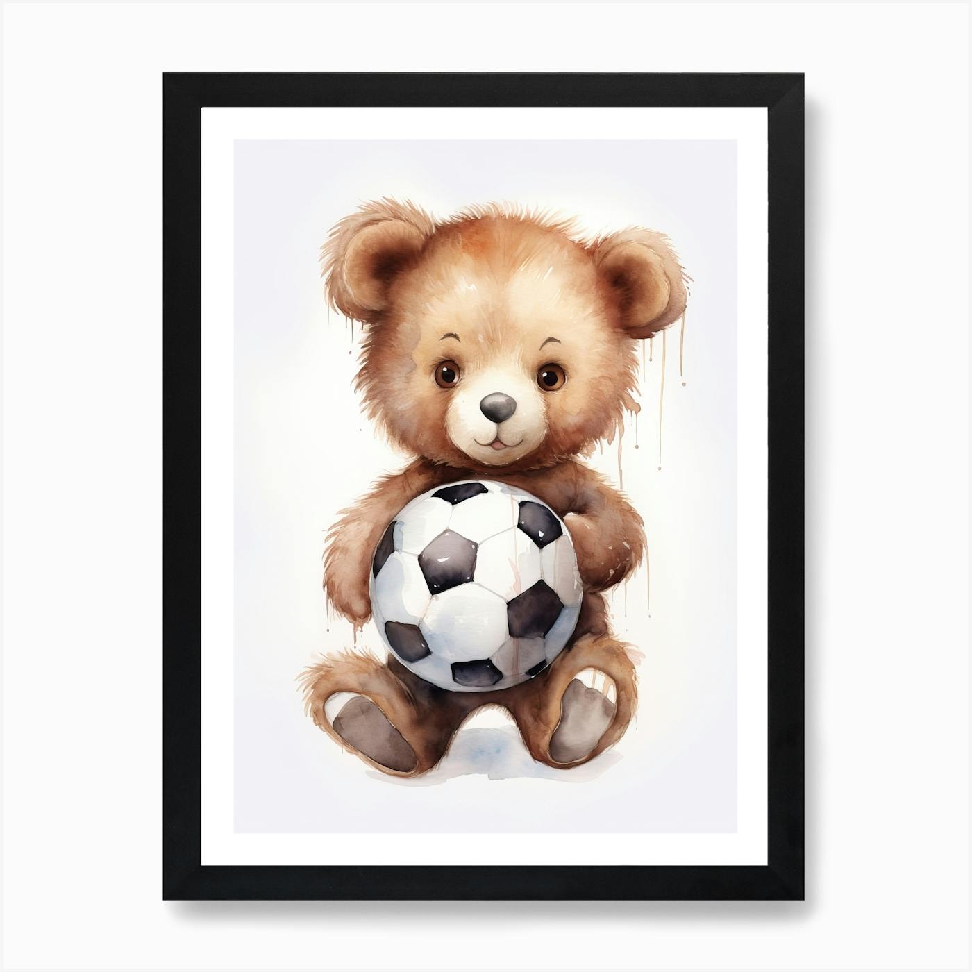 Football Soccer Ball Teddy Bear Painting Watercolour 5 Art Print by Tiny Wonders Nursery Art Fy