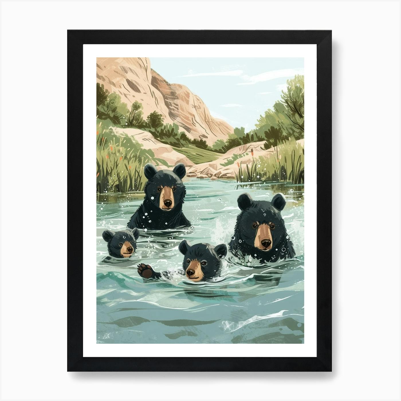 Black Bear top Swim illustration 7x9 Giclee PRINT Signed