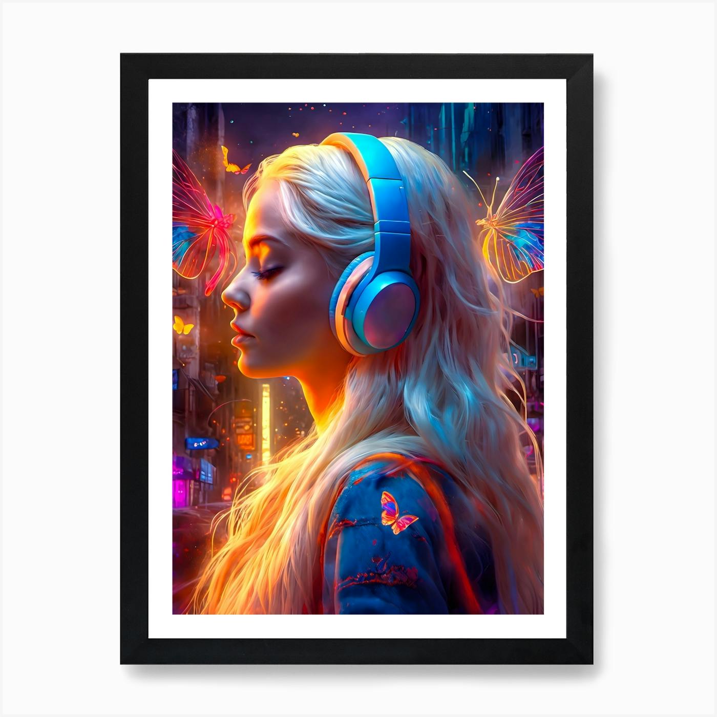 アート・デザイン・音楽 Girl futuristic anime style girl listening to music with