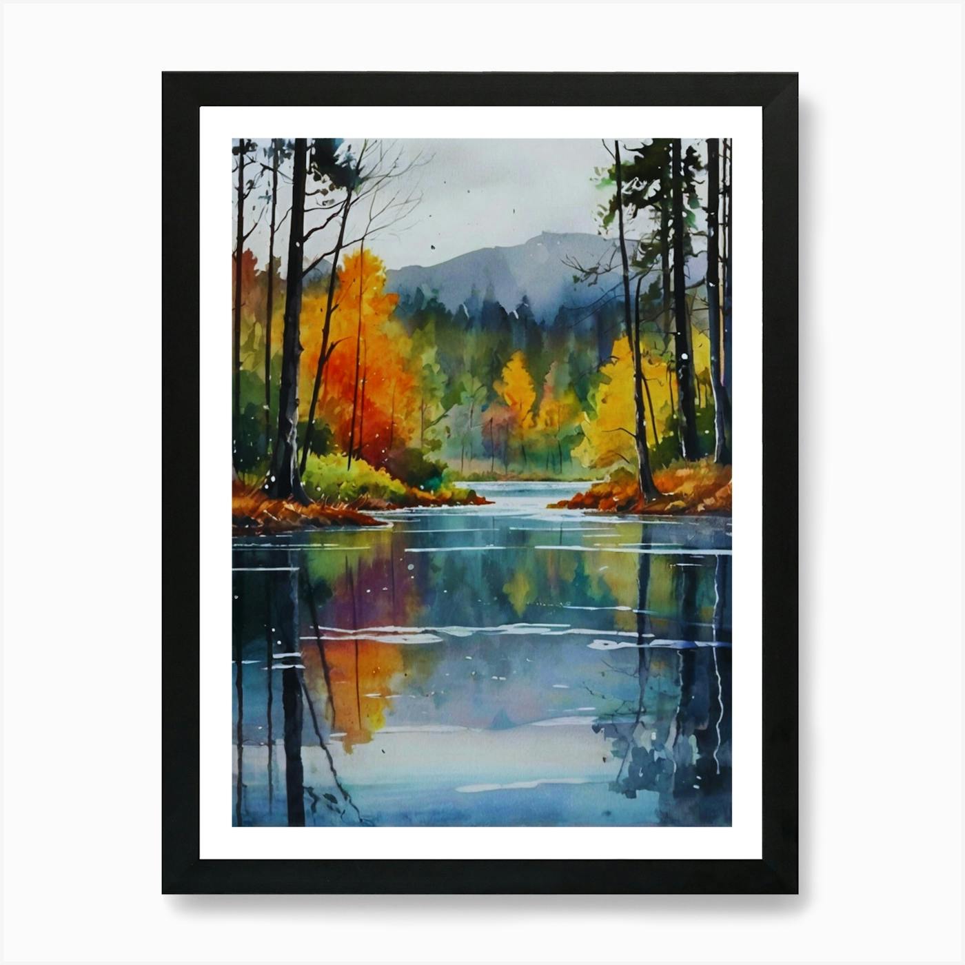 Set of Two Autumn Watercolor high quality Art Prints. 2 Piece Extra Large Autumn Lake Watercolour Wall Art. Botanical Fall Lake Reflection Art Prints.