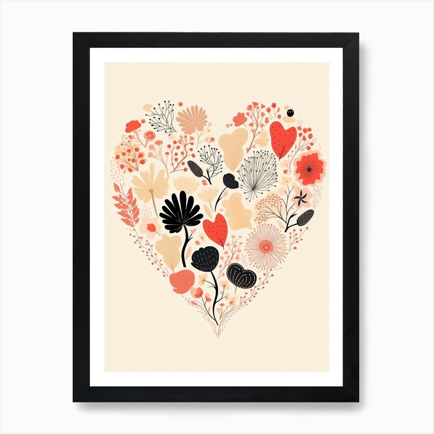 Floral Line Heart Coral Black & Cream Art Print by Essence Lines - Fy