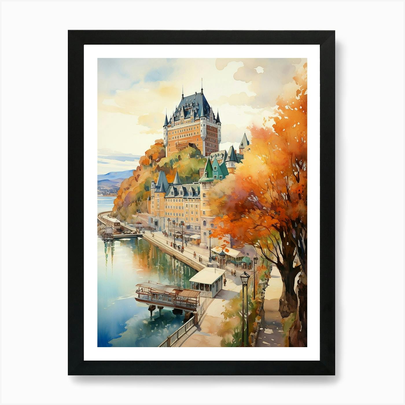 Framed Early Canadian? Dry Brush Watercolor of Winter Landscape - Traveling - Historic hot - Quebec