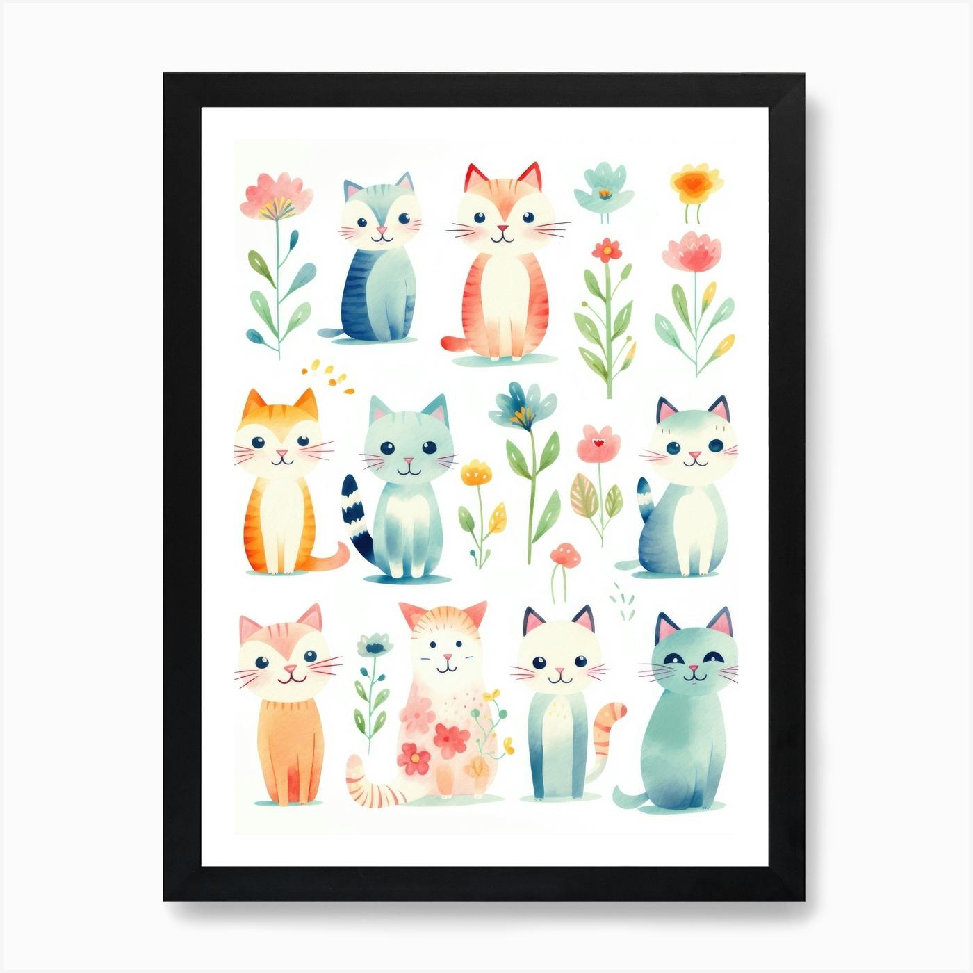 Framed Watercolour Portrait store of a Cute Cat - Animal Wall Art - Colourful Animal Art for Home Décor or Nursery