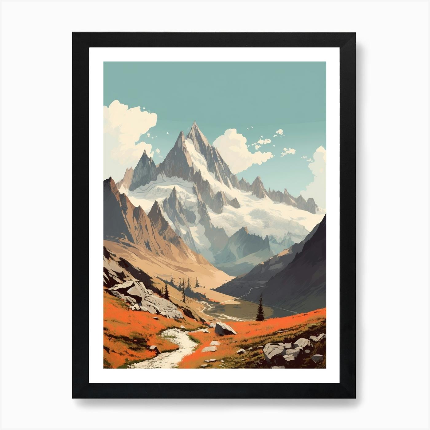 Mountain painting outlet of the alps watecolour painting of chamonix train