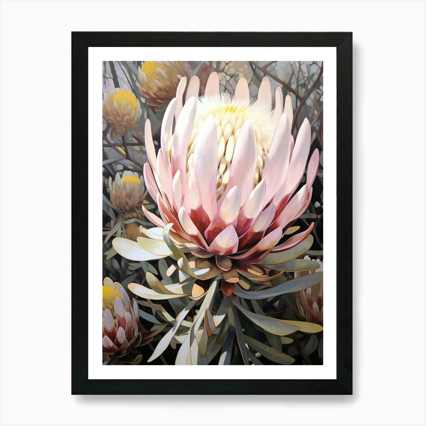 South African Protea Bloom in Vase Inside During Winter Still Life Acrylic Painting sold on Wood