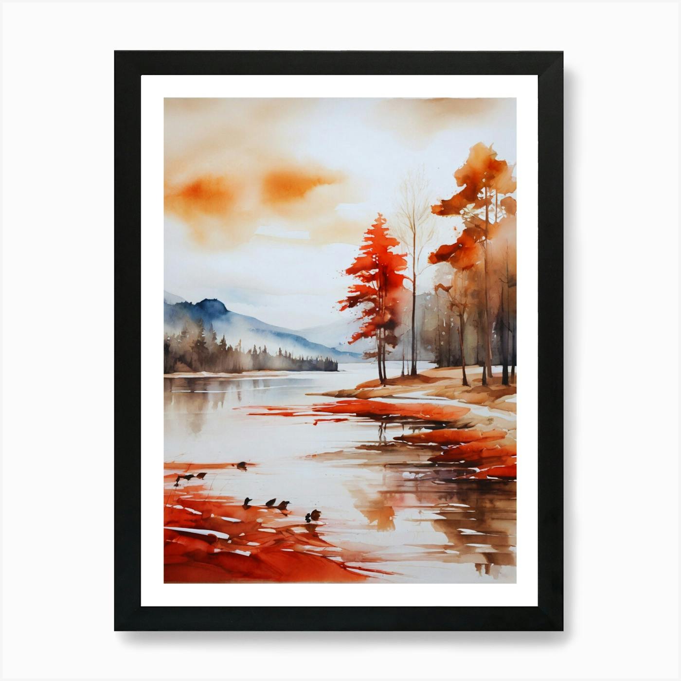 Set of Two Autumn Watercolor high quality Art Prints. 2 Piece Extra Large Autumn Lake Watercolour Wall Art. Botanical Fall Lake Reflection Art Prints.