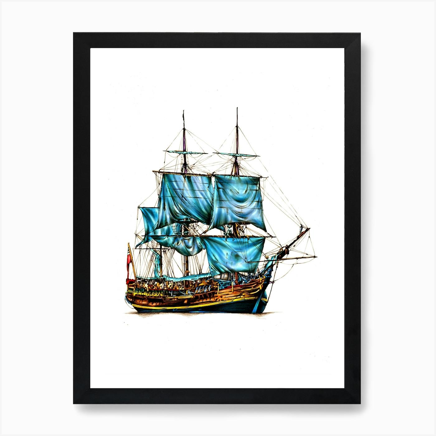 Sailing Ship - 12 X 18 Original Framed Pencil factory Drawing - SALE