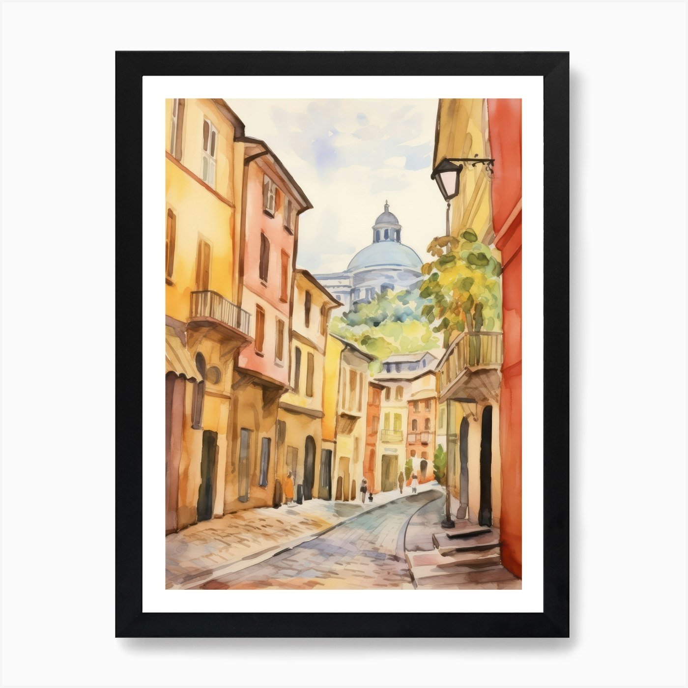 Bergamo, Italy Watercolour Streets 4 Art Print by MedArt - Fy