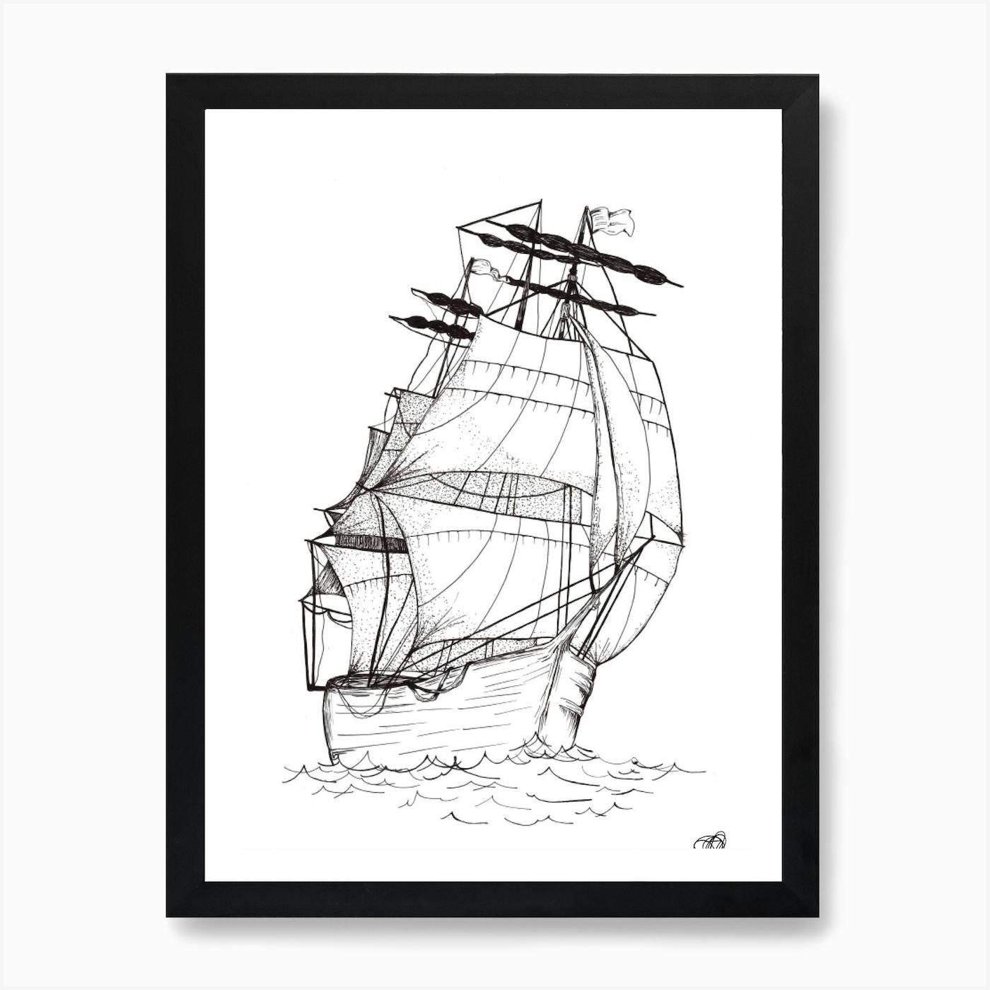 Sailing Ship - 12 X 18 Original Framed Pencil factory Drawing - SALE