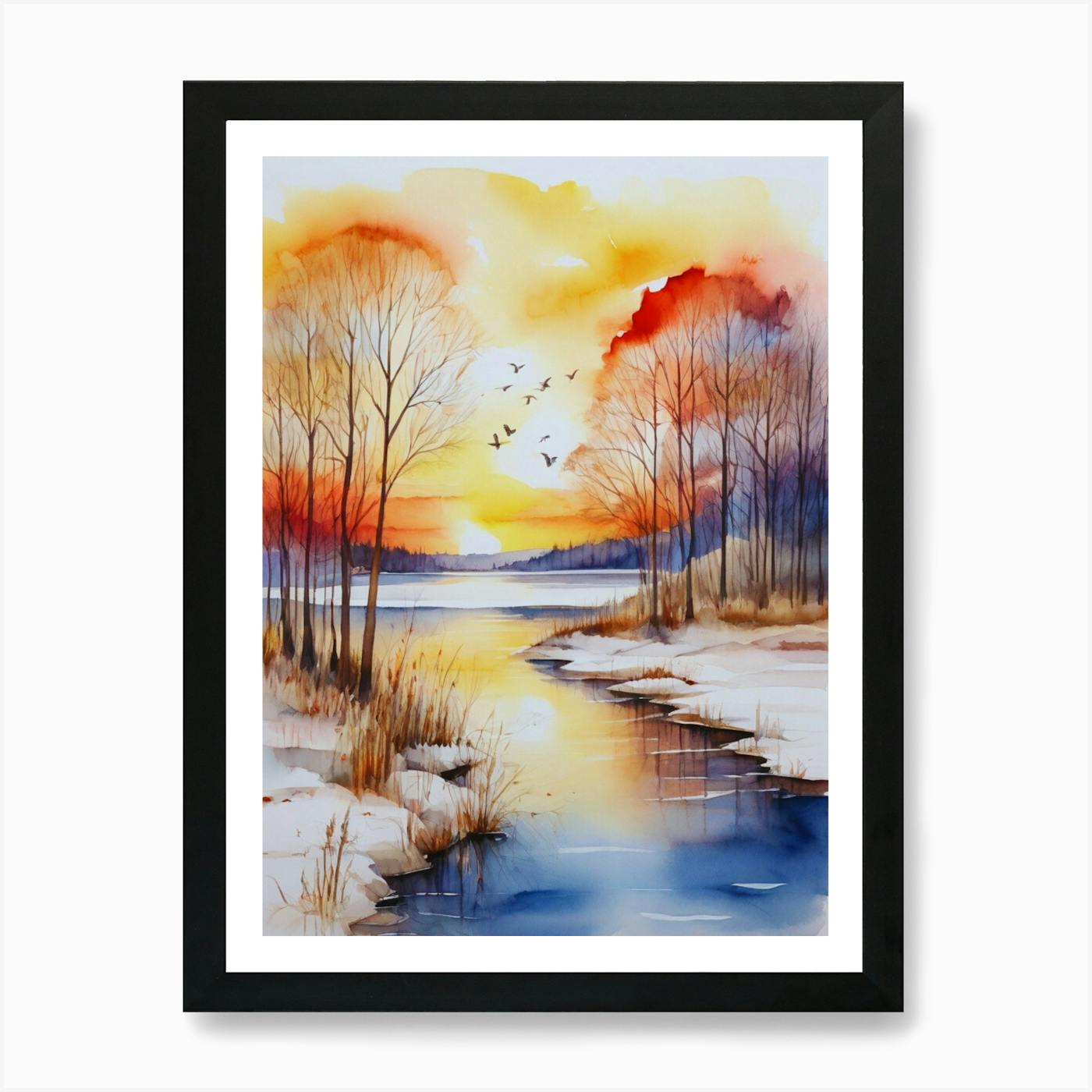 7x10 ORIGINAL Watercolor, Winter Sunset top Landscape with Mat