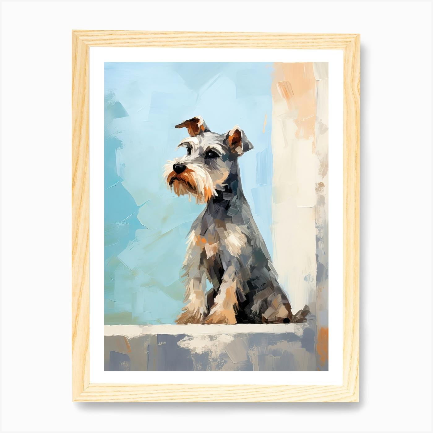 Miniature Schnauzer Dog Painting In Light Teal And Brown 1 Art Print