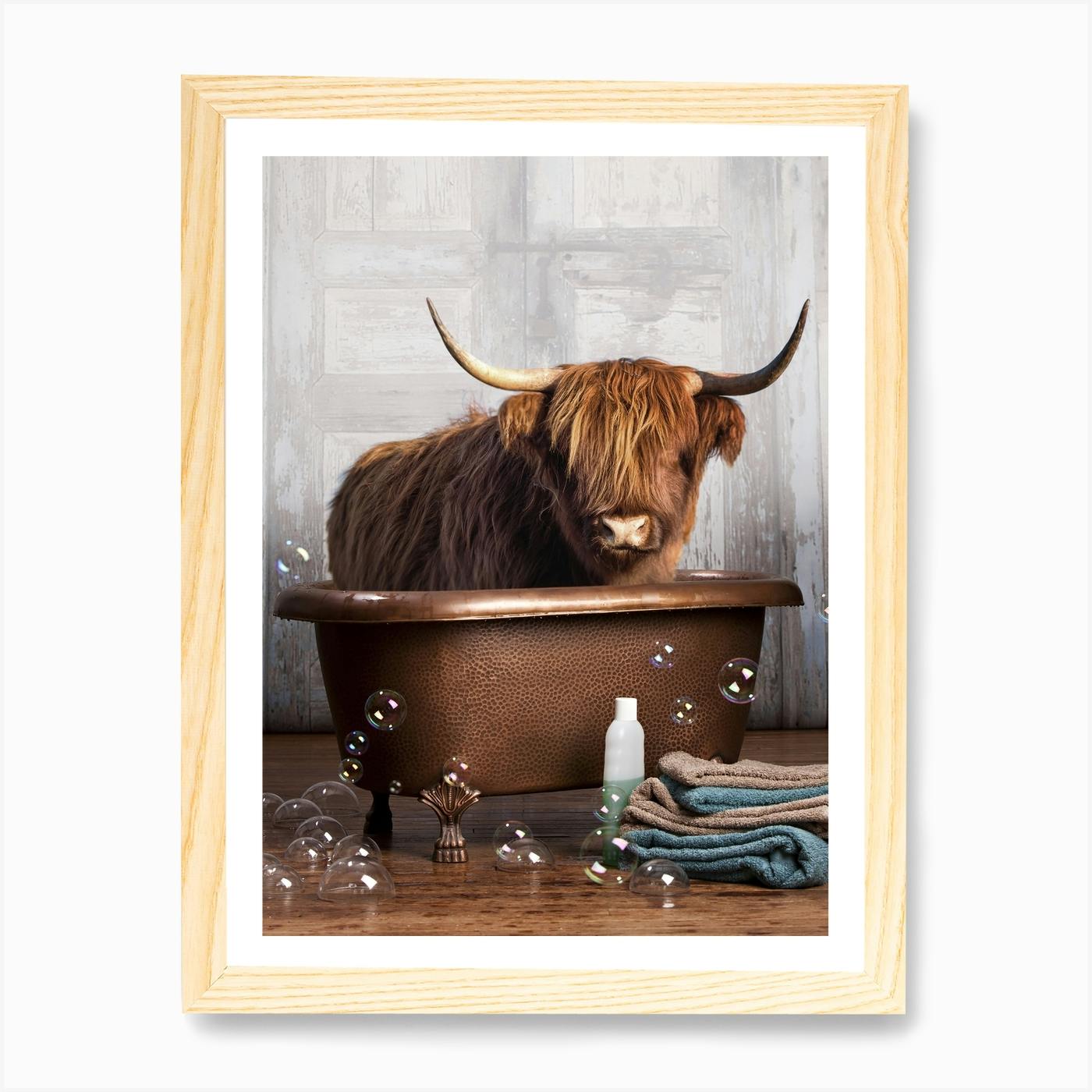 Highland Cow In A Bathtub Art Print by DomoINK Fy