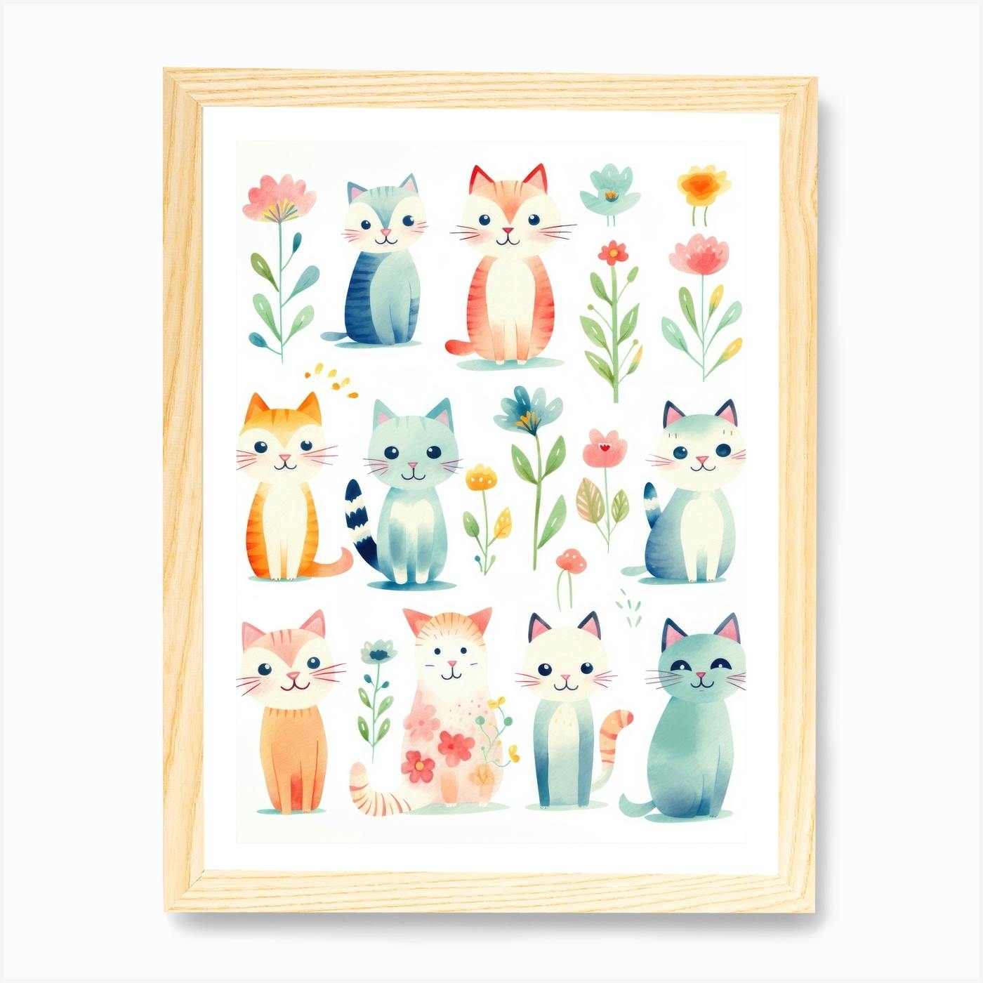 Framed Watercolour Portrait store of a Cute Cat - Animal Wall Art - Colourful Animal Art for Home Décor or Nursery