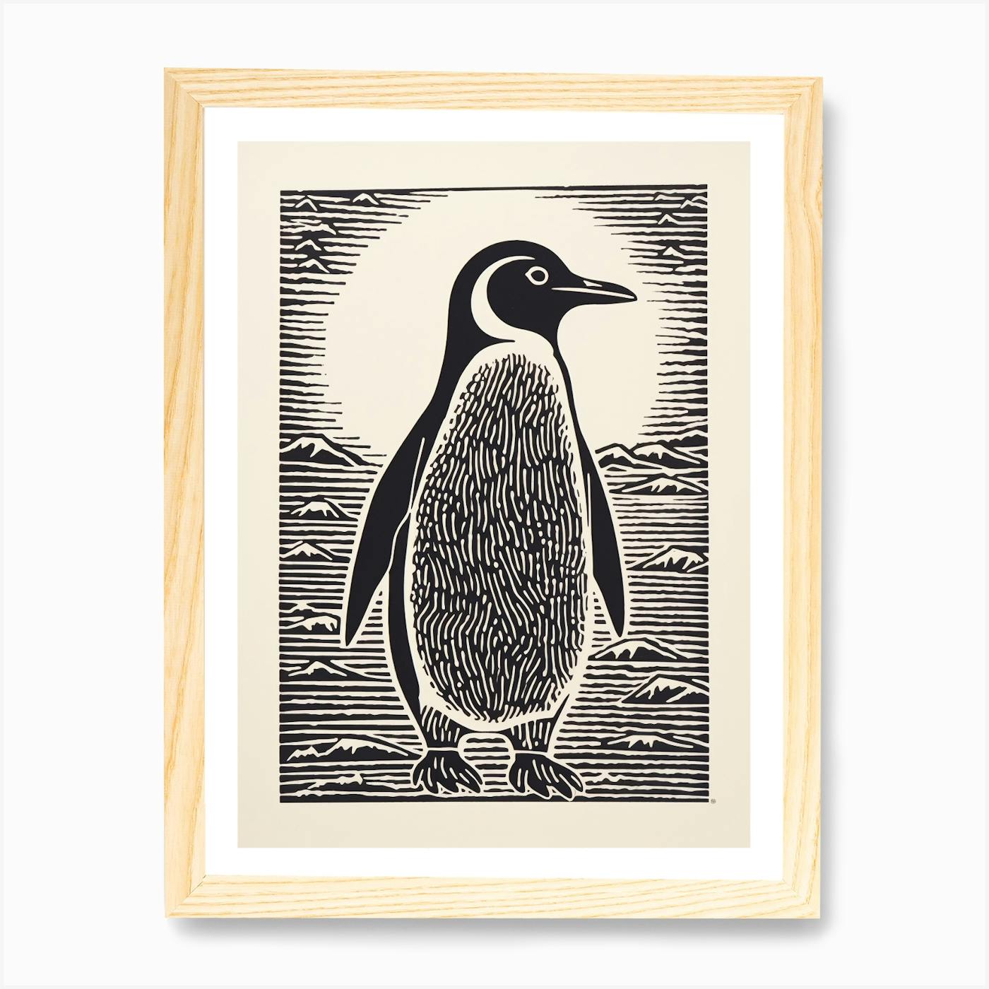 B&W Bird Linocut Penguin 3 Art Print