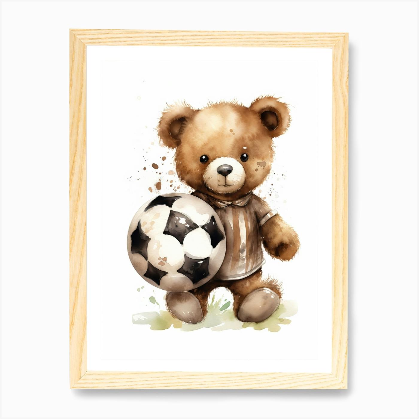 Football Soccer Ball Teddy Bear Painting Watercolour 4 Art Print