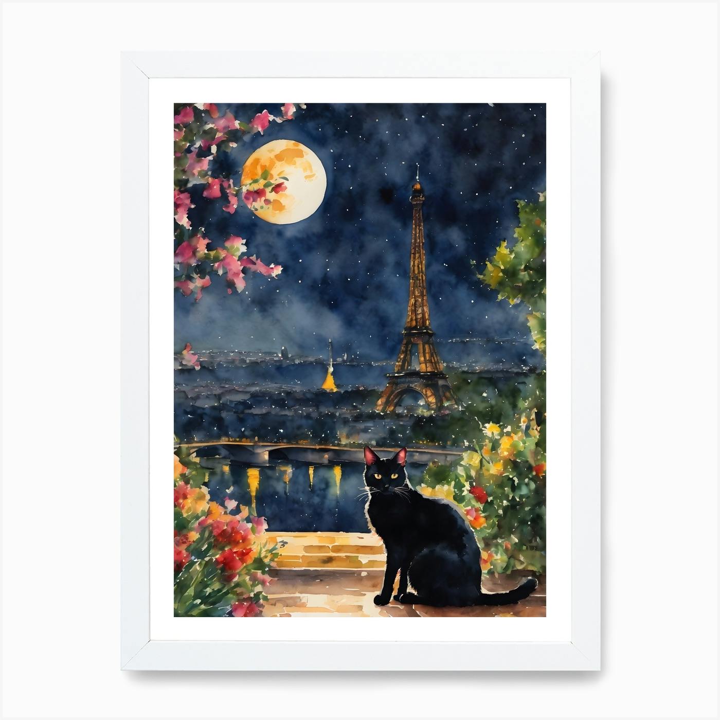 The Black Cat in Paris Black Cat Travels Series Visiting The Eiffel Tower on a Full Moon Iconic France Traditional Watercolor Art Print Kitty Travels Home and Room Wall Art Cool Decor Klimt and Matiss...