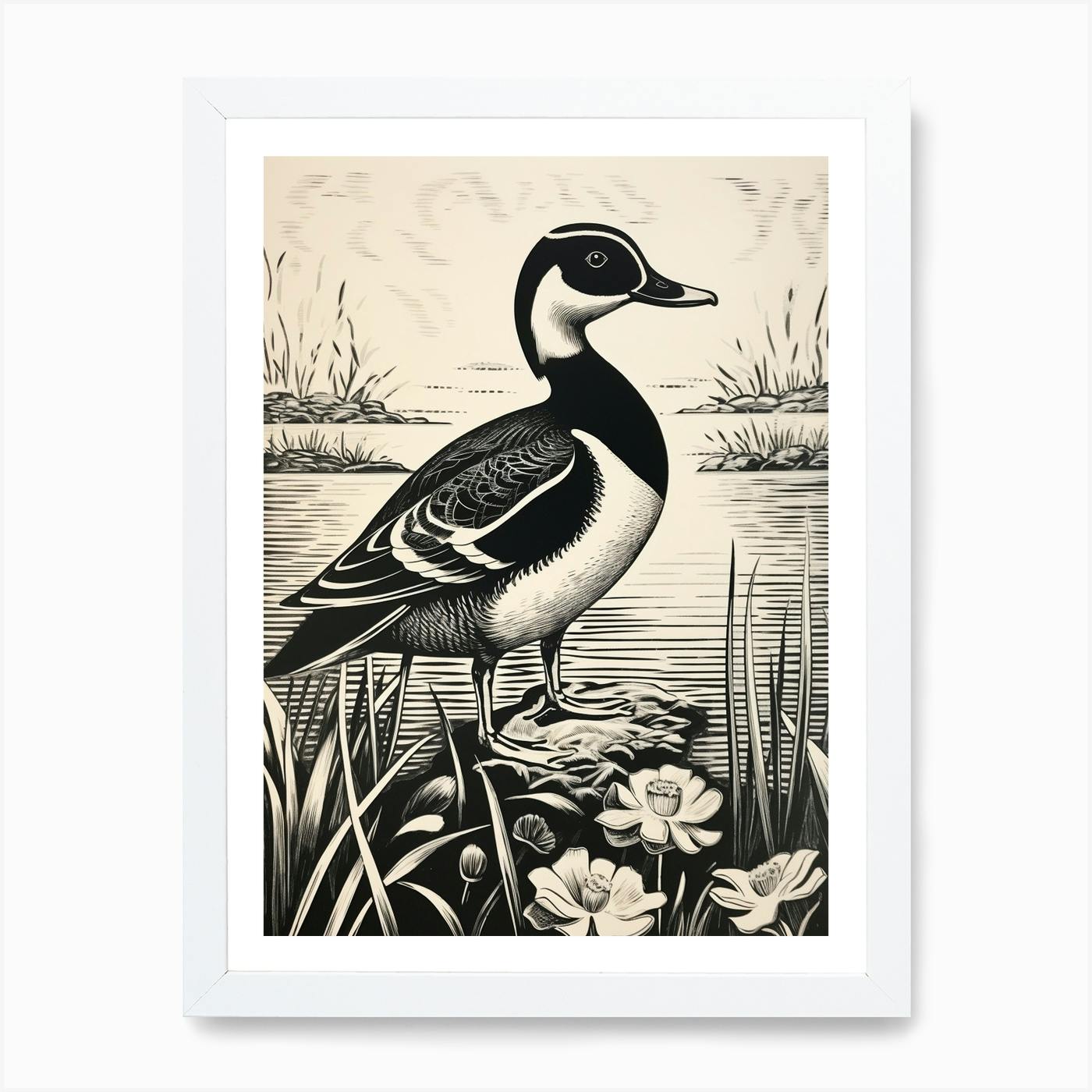 B&W Bird Linocut Wood Duck 3 Art Print