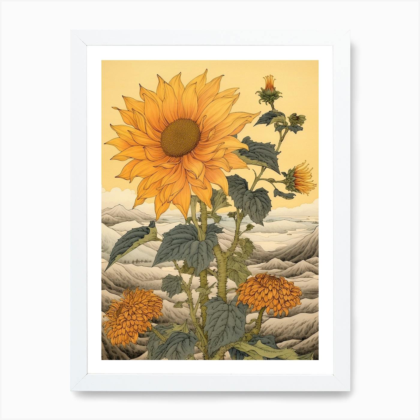 Himawari Sunflower 2 Japanese Botanical Illustration Art Print by