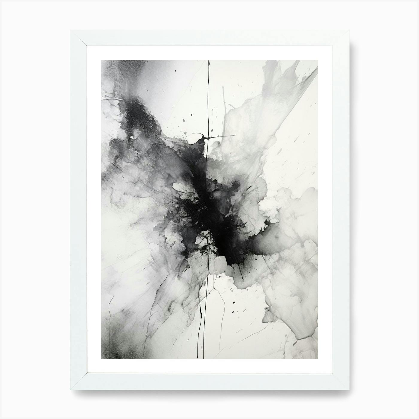 Abstract store ink drawing with black frame, black and white minimal, modern abstract drawing with goldfeaf, contemporary abstract art