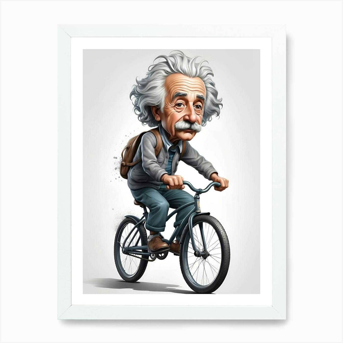 vector illustration of Albert Einstein ride bicycle Abstract Cartoon Art full body extreme textures and details 64K white background character poses Art Print by Mohamed mohey Fy