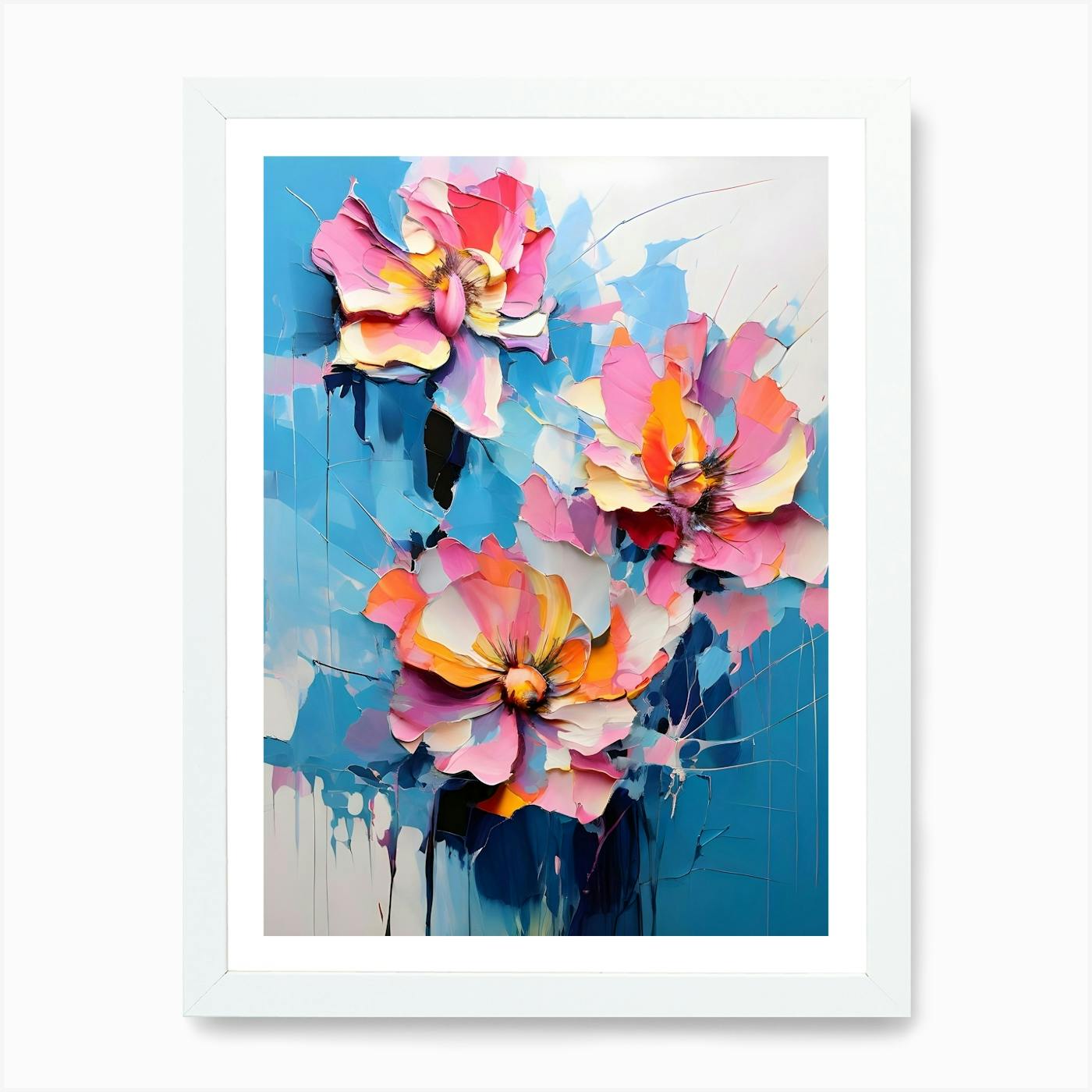 Floral art, flower painting, blue 2024 and white art, blue and green art, colorful floral art