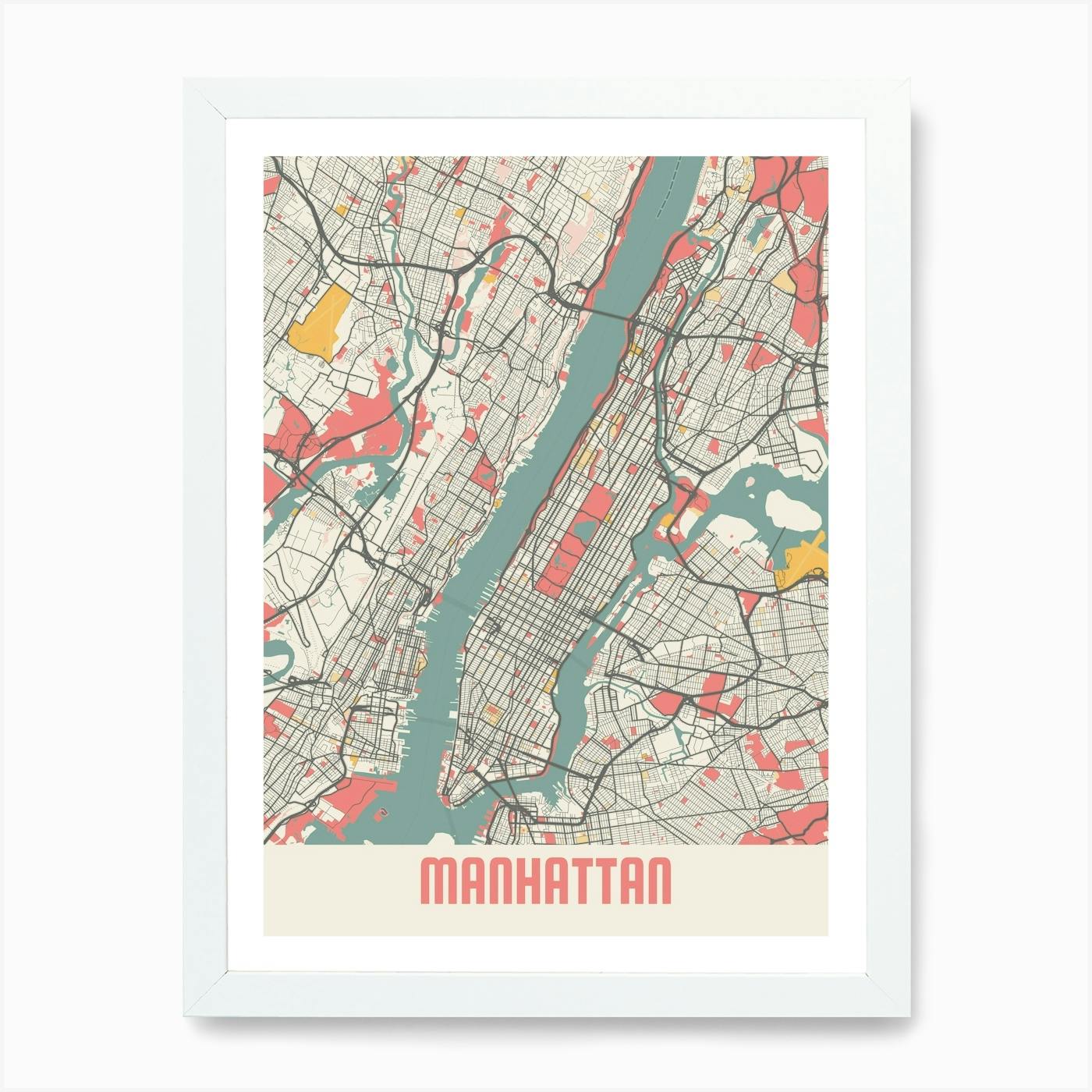 Manhattan neighborhood map art FRAMED, available in several colors authentic and sizes, Manhattan art print, Manhattan map art, Manhattan decor