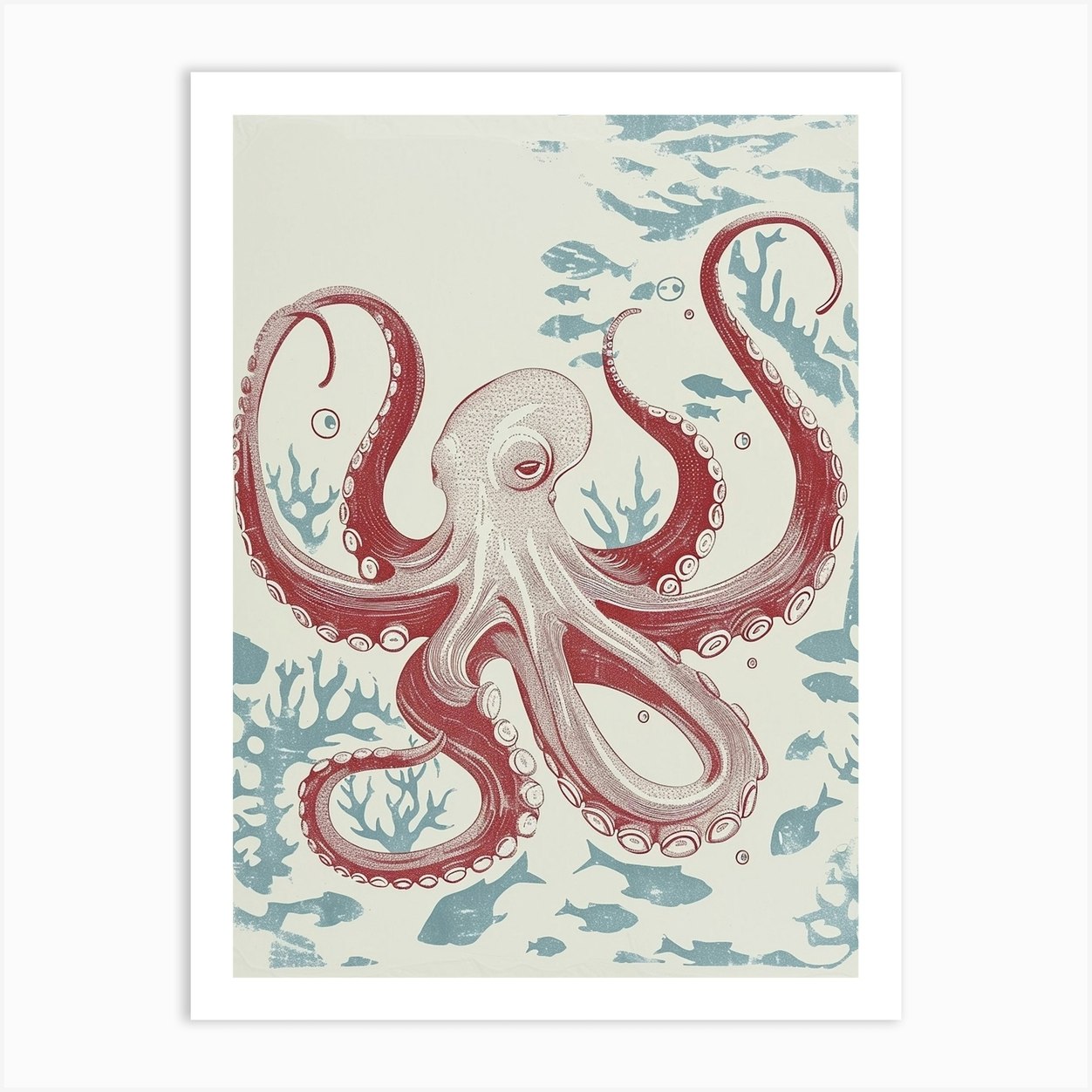 Octopus Making Bubbles Linocut Inspired 2 Art Print By Energy Of The 