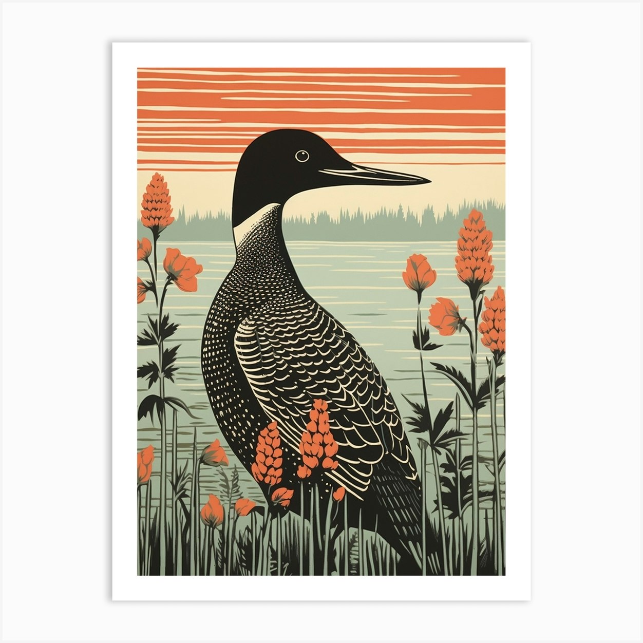 Vintage Bird Linocut Common Loon 3 Art Print by Feathered Muse - Fy