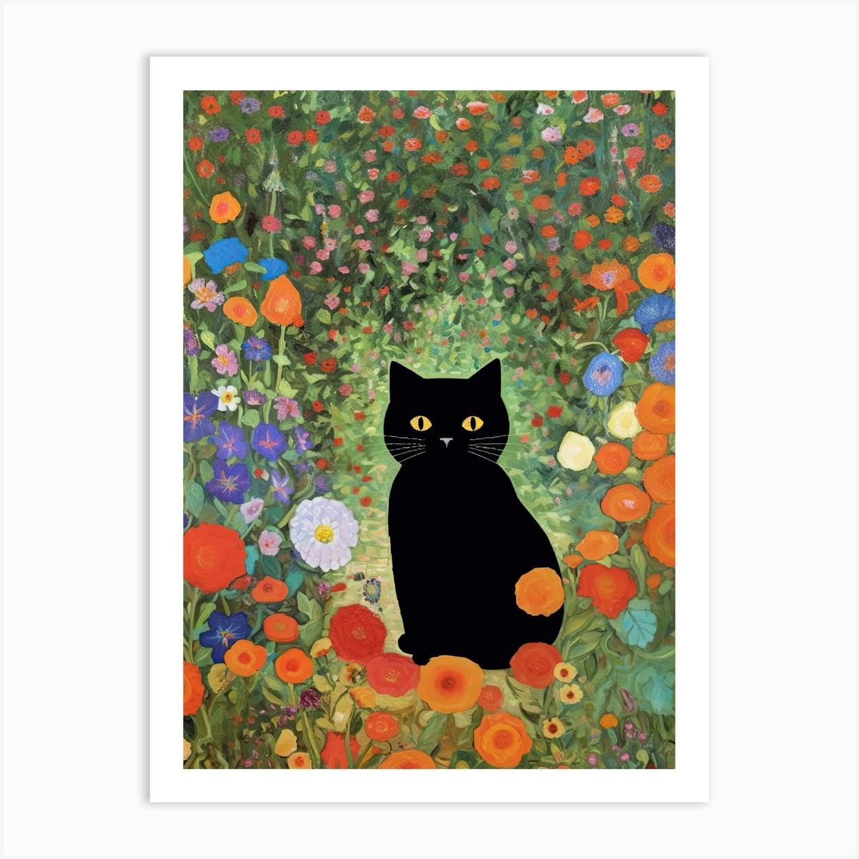 Black Cat Art, Purple Garden - 16 x 16 Giclee, Cat Art, Whimsical, cheapest Cat Decor, Floral Cat, Cat Lovers