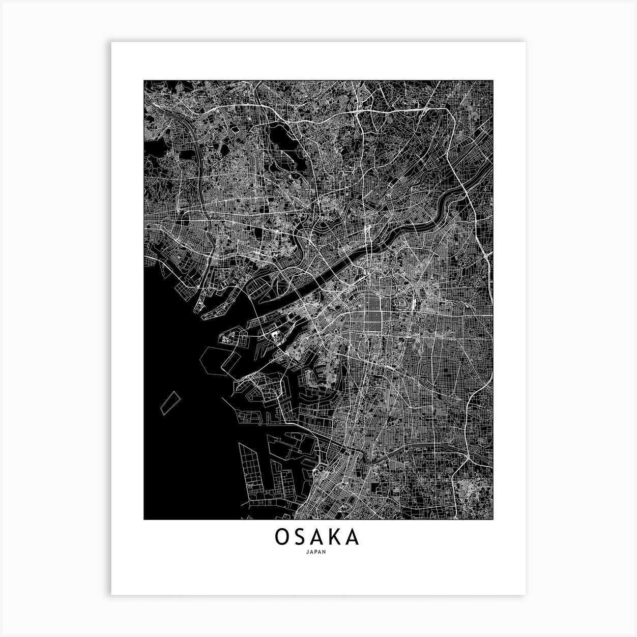 Osaka Black And White Map Art Print by multipliCITY - Fy