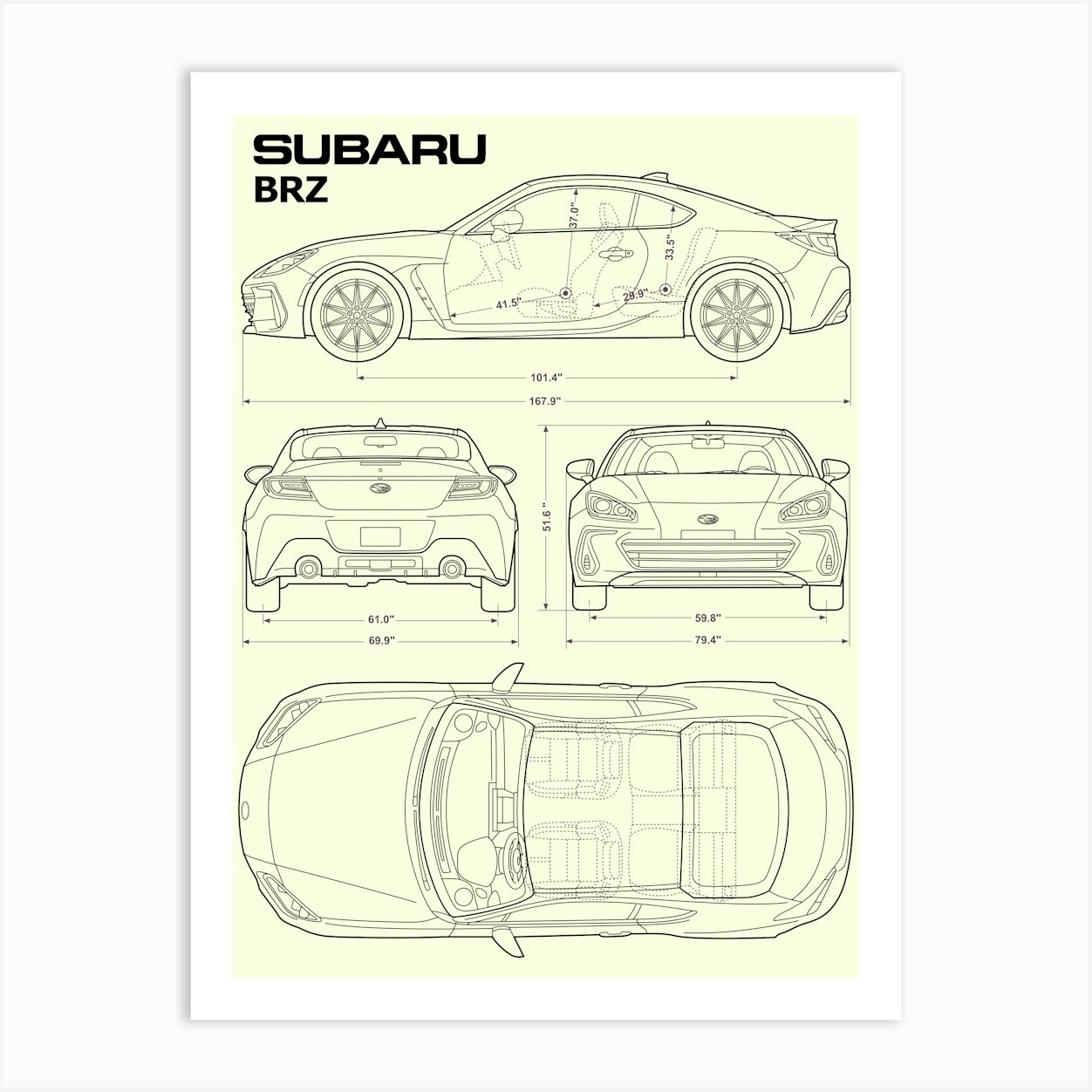 Subaru BRZ car blueprint Art Print by sam kal - Fy