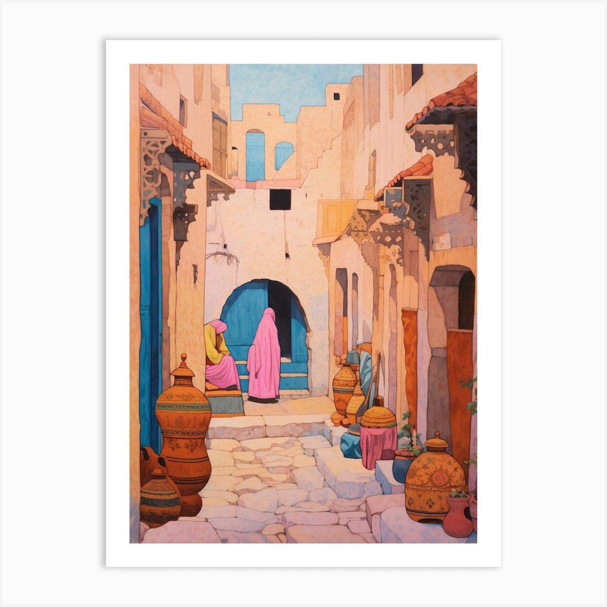 Chefchaouen Morocco 3 Vintage Pink Travel Illustration Art Print By Medart Fy 1122