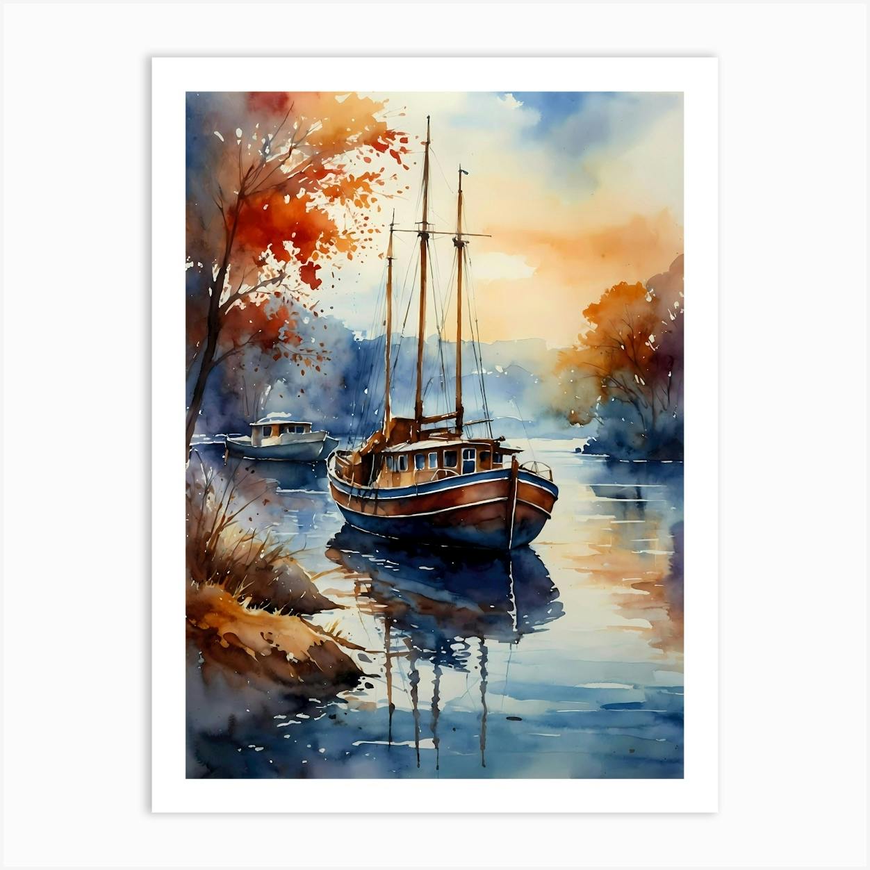 Sunset Boat MOUNTED top Giclee Print from Watercolour