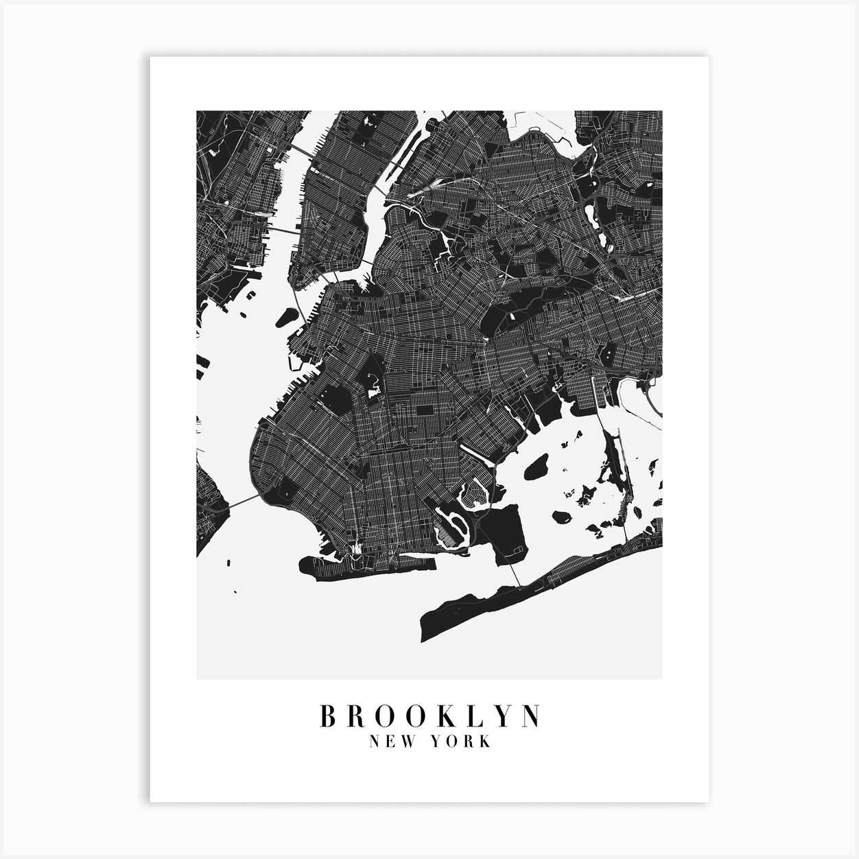 Brooklyn New York Minimal Black Mono Street Map Art Print by Typologie